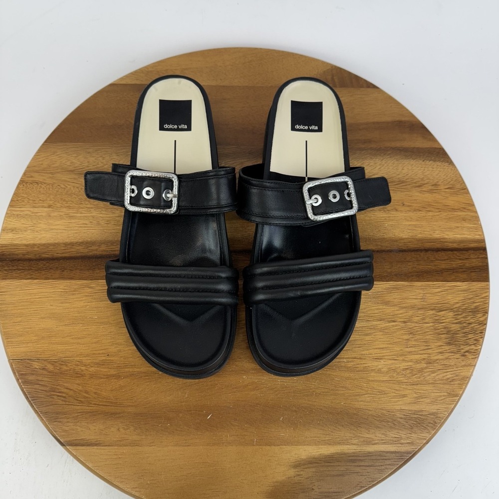 Womens Dolce Vita Shaila Quilted Black Leather Slide Wedge Sandals Size‎ 8.5 GUC